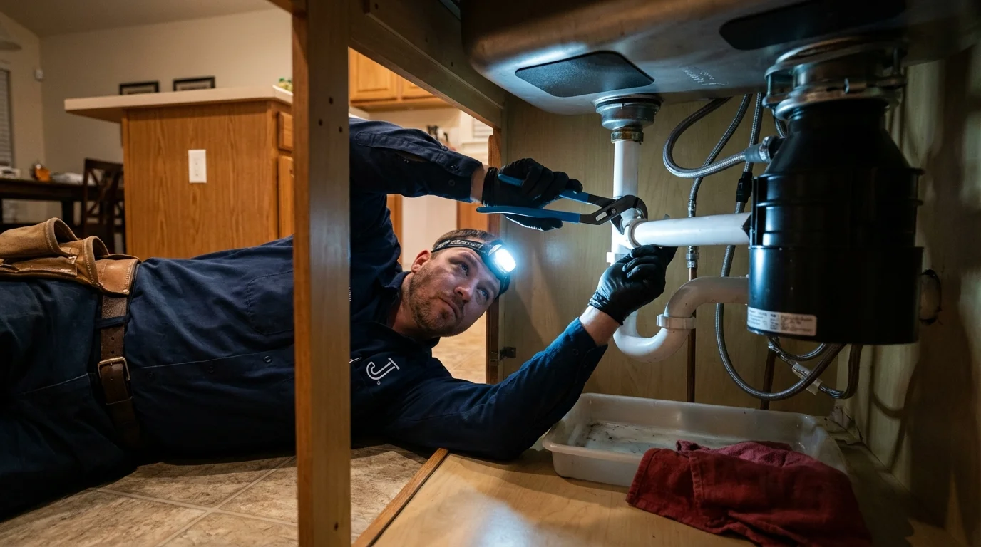 P-trap and supply line connections under a kitchen sink showing a common leak point in Snowmass Village, CO
